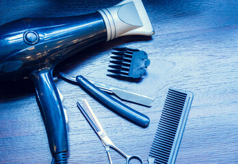 Barber shop equipment. Professional hairdressing tools on table. Mens grooming tools
