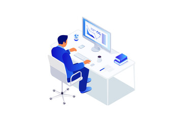 Isometric concept man using computer at workplace.