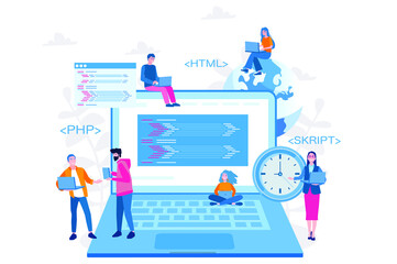Fototapeta na wymiar Web developer, code, computer software and applications, PHP, HTML. Vector illustration for web banner, infographics, mobile. 