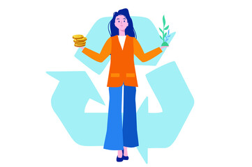 Corporate social responsibility. eco business. save plane. Businesswoman balances with money and tree in hands.Vector illustration for web banner, infographics, mobile. 