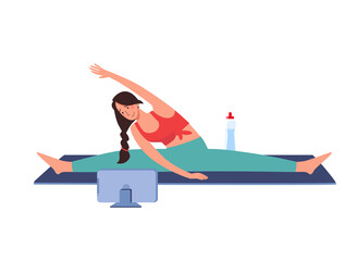 Workouts online, fitness, vector. The girl goes in for sports at home via video communication on the tablet. The woman does gymnastics,.trains flexibility, sat on the twine and makes bends. isolated