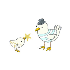 Happy Father's day cartoon vector illustration isolated on white background.Cute seagull chick congratulates father gull and gives him a starfish as a present.Can be used for greeting cards, decor.
