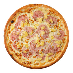 Delicious hot italian Pizza with caesar sauce, ham, pineapple, oregano and cheese mozzarella