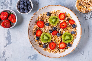 Healthy breakfast, bowl with oat granola and berries.