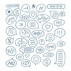 Speech bubbles hand drawn vector illustrations collection. Speech bubbles sketch drawing icons with different signs and symbols. Part of set.