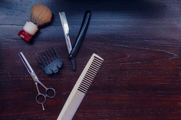 Barber shop equipment. Professional hairdressing tools on table. Mens grooming tools
