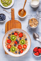 Healthy breakfast, bowl with oat granola and berries.