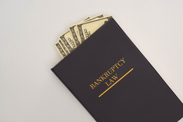 top view of bankruptcy law book and money on white background