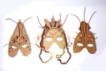 3 masks made from natural materials. A cute activity activity for children used in drama.