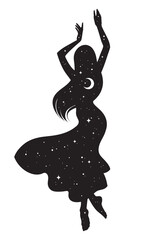 Beautiful dancing gypsy silhouette with crescent moon and stars in profile isolated. Boho chic tattoo, sticker or print design vector illustration.