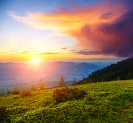 Picturesque sunset in the alpine highlands. Location place Carpathian mountains, Ukraine, Europe.