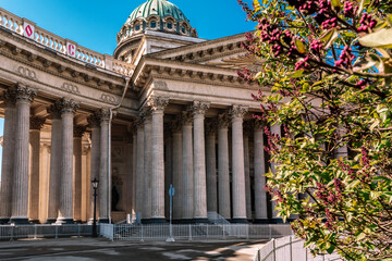 Obraz premium Kazan Cathedral on a Sunny summer day, a beautiful green Bush on the side and the glare of the sun in St. Petersburg