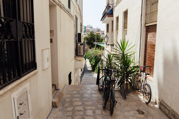 Bicycles and green plants on urban street in Catalonia, Spain