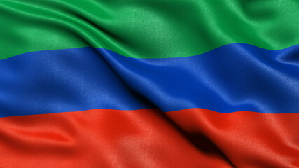 Flag of the Republic of Dagestan waving in the wind. 3D illustration.