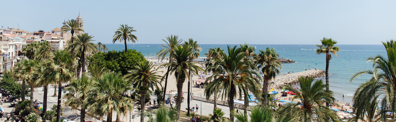 Fototapeta na wymiar Panoramic shot of palm trees on sea coast in Catalonia, Spain