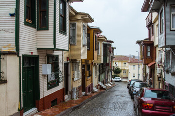 Narrow street in Istanbul's historic district at rainy wheather. Turkey