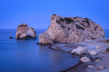 Petra tou Romiou (Aphrodite rock). Blue hour before sunrize at long exposure, Cyprus