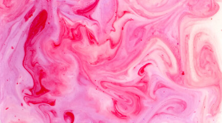 Pink red liquid watercolor paint strains in milk background texture. For natural bio organic fruit...