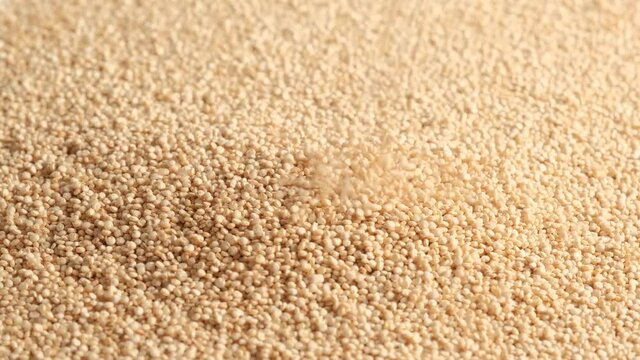 White raw quinoa rotating and falling, South American grain. Healthy and gluten free food concept background.