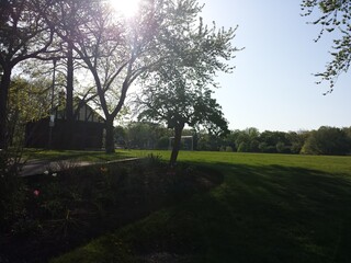 A local park with a beautiful building, in Danforth, Toronto, Canada.