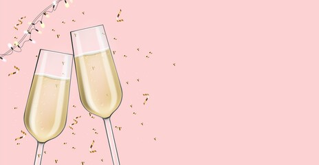 Happy Valentine's Day, love banner, realistic champagne glass, sale card, pink decoration and lights, vector illustration