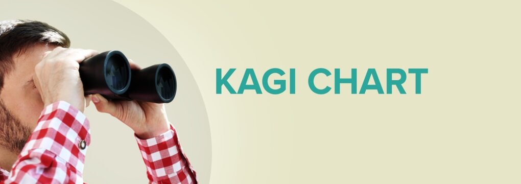 Kagi Chart. Businessman (man) looks through binoculars. Focus on text. Background beige. Business, Finance, Statistics, Analysis, Economy