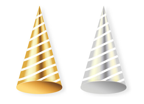 Party Hat Isolated, Colored Hats Big Set, Gold And Silver Object Celebration Banner, Happy Birthday, Vector Illustration