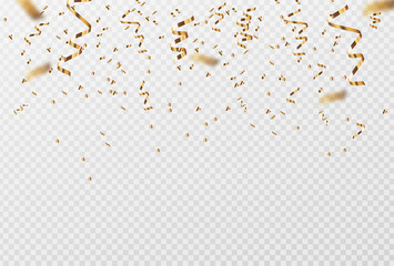 Realistic gold confetti, party banner, birthday card, gold ribbon, vector