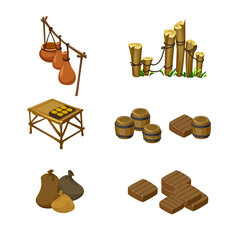 set of village items, fence, barrel, pot, bag, 