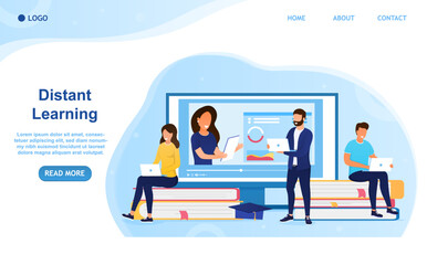 A group of students with laptops study remotely Teacher explains the subject on video E-learning courses or training concept Perfect for landing. web, banner. Easy to edit and customize. Flat Vector
