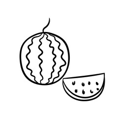 Watermelon. A simple sketch drawn by hand.Summer vector illustration in Doodle  style. Isolated object on a white background. For the design of icons, logos, and children's coloring books.