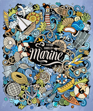Marine hand drawn vector doodles illustration. Color funny picture.