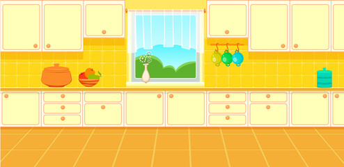 illustration of sweet yellow cartoon kitchen 