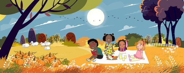 Cute cartoon group of kids having picnic in the park in sunny day Autumn, Children sitting on blanket and eating food for their lunch. Mid Autumn Mid Autumn Festival