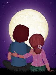 couple in love sitting in the moonlight