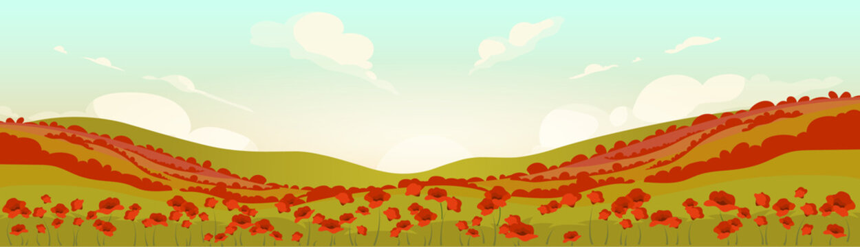 Tuscan poppy field at sunrise flat color vector illustration. Serene summer 2D cartoon landscape. Meadow with red wild flowers. Hillside scenery at sunset