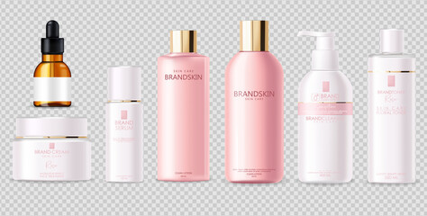 Realistic cosmetics, pink design, white bottle set, packaging mockup, skin care, hydration cream, toner, cleanser, serum, beauty card, face treatment, isolated container 3d white background vector