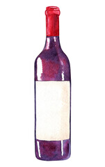 watercolor Glass bottle with red wine isolated on white background for cafe menu design or poster print. Purple bottle with red cap and white label