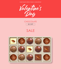 Realistic chocolate set, chocolate box, delicious dessert pattern, valentines day, love banner, top view chocolate pralines collection vector illustration