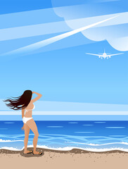 A young fit girl in a white bikini standing on a sandy seashore  on a sunny day and looking at the plane, flying under white clouds in the blue sky. Vector flat illustration with a place for your text