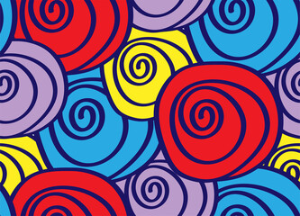 Vector abstract seamless pattern background with simple drawings of red, blue, yellow and purple roses with a black outline