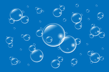 Air bubbles underwater on blue background.  Soap  bubbles