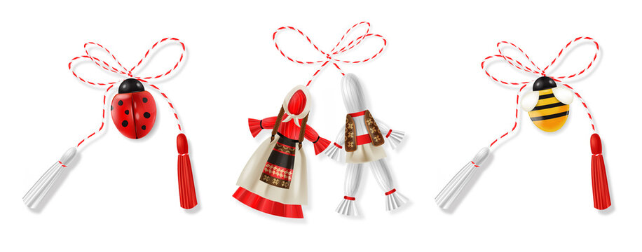 Hello spring, 1 march, realistic martisor red and white big set with bee, ladybug and national costume isolated, spring symbol realistic vector illustration