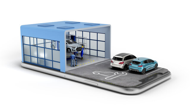 Concept Of Mobile Car Service Service Station And Parking On The Mobile Phone Screen 3d Render Ob White