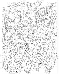 Unusual coloring book with different abstract shapes. Creative activity for adults and children. Sketch, black silhouette, outline, vector illustration.