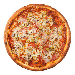 Delicious hot italian Pizza with mushroom, pepperoni, brisket, olives and cheese mozzarella