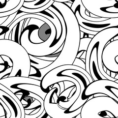 Vector seamless abstract pattern background with twisted black and white circles in graffiti style