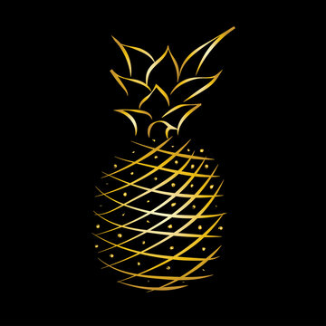 Golden pineapple black background. Isolated vector icon. Vector illustration background.