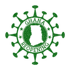 Ghana Reopening Stamp. Green round badge of country with map of Ghana. Country opening after lockdown. Vector illustration.