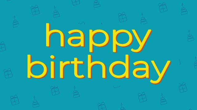 Happy birthday text and letters moving animation, looping and seamless animated video. Blue and yellow holiday celebration 4K intro or background